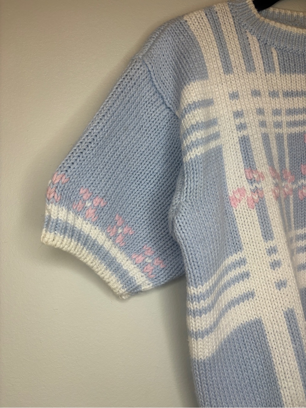 Pastel Blue & White Short-Sleeve Knit Sweater with Pink Accents - Picture 4 of 10